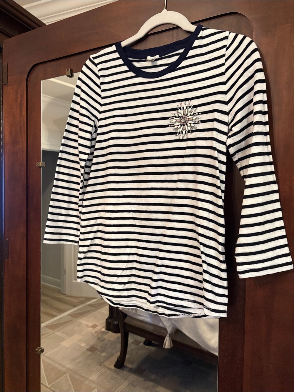 Woman’s Navy & White Striped Long-Sleeve Top with Embellishment